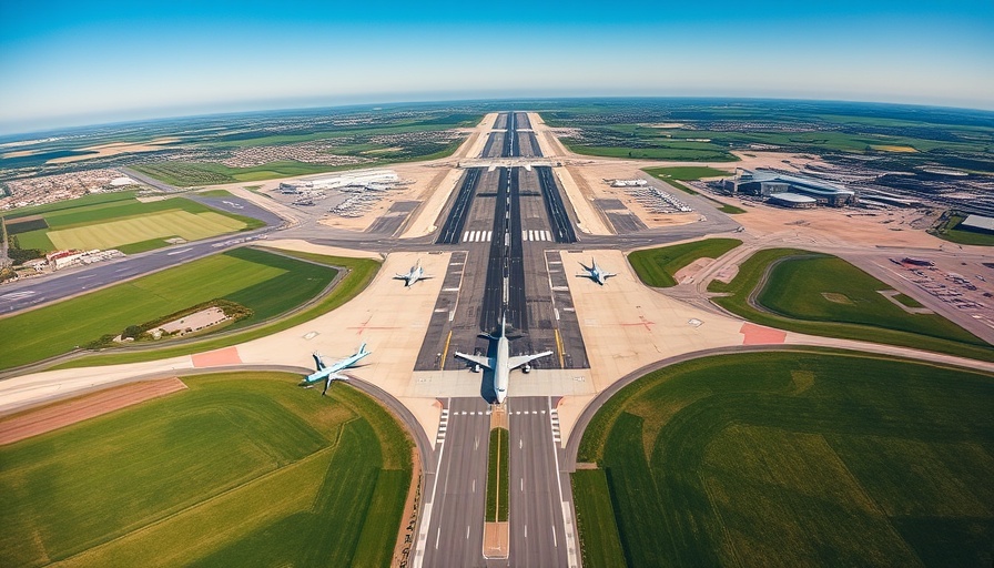 Aerial view of Gatwick Airport with planes on tarmac.