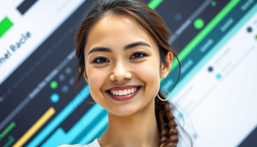 Smiling woman featured in a tech conference banner with colorful geometric design.