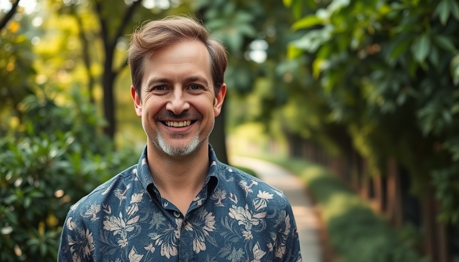 Man in patterned shirt near green foliage, outdoors