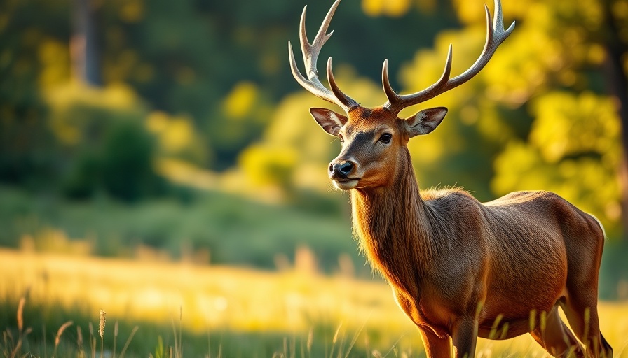 Majestic red stag in South London clearing at golden hour.