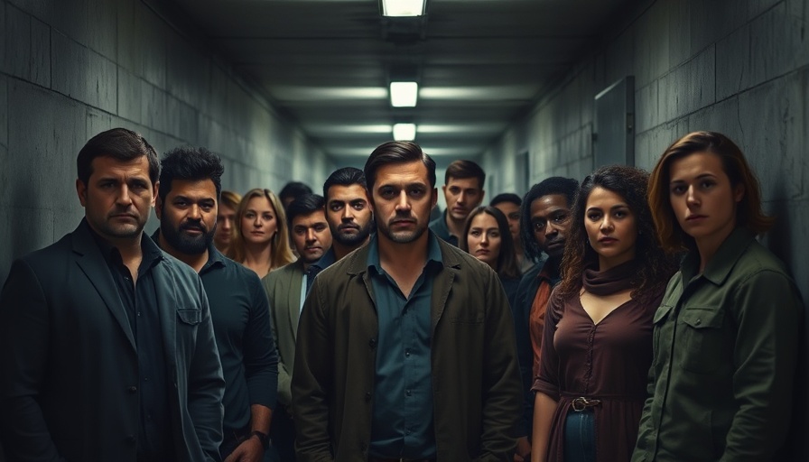 Focused group in dim hallway from Alien: Earth season 2.