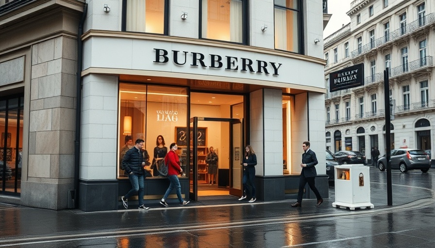 VAT break for tourists at Burberry store entrance on rainy street.