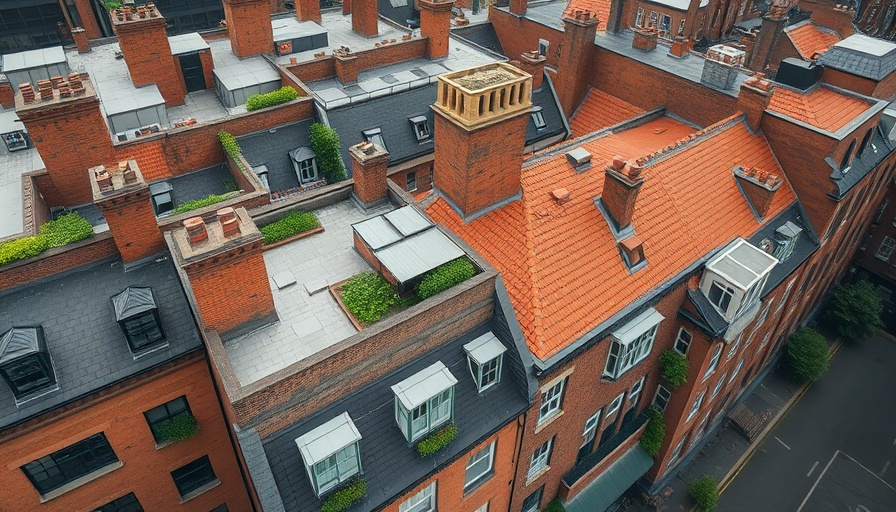 Aerial view of buildings with flat rooftops in urban area