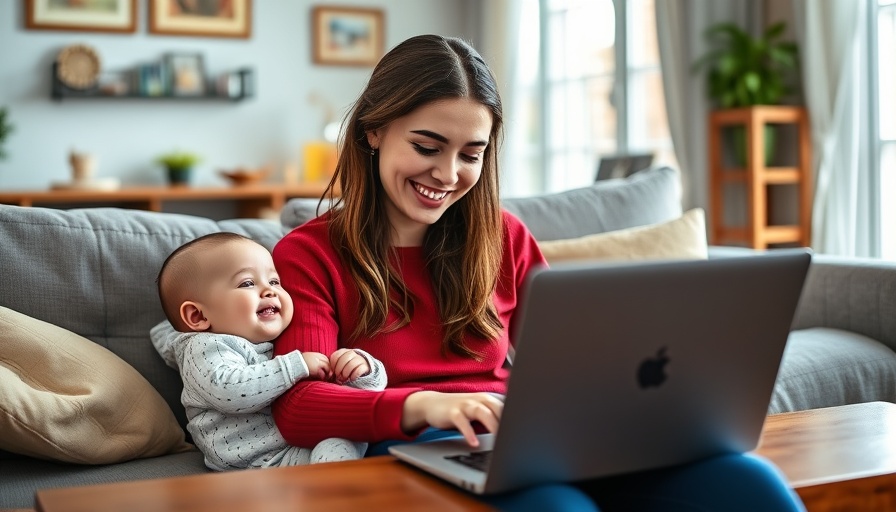 Mother multitasking, working on a laptop and caring for baby, embodying theme make extra money while your child naps.