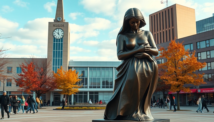Modern sculpture and clock tower in New Towns Initiative UK setting.