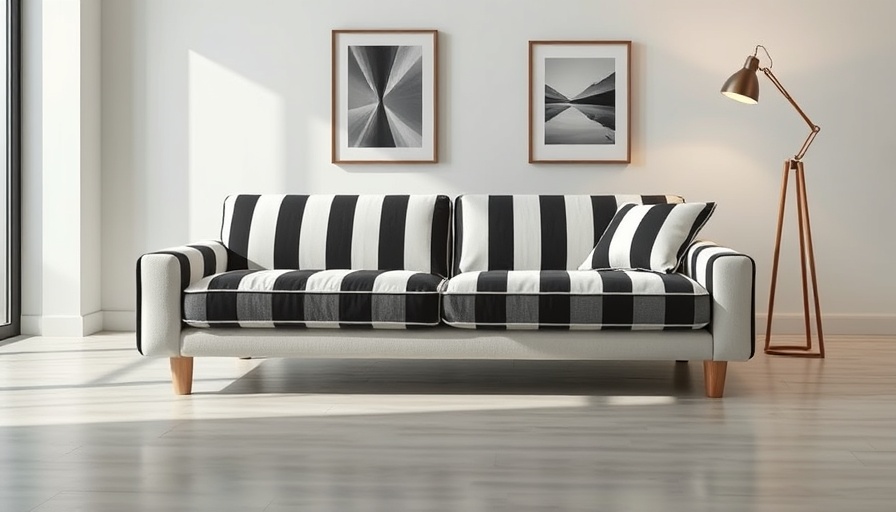Stylish clic clac sofa bed with black and white stripes in modern room.