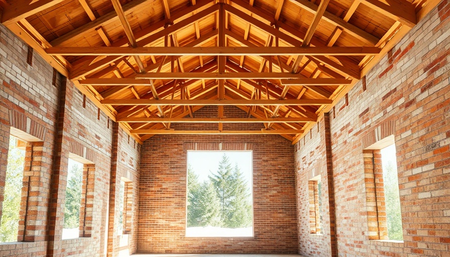 Interior view highlighting a flat roof structure with wooden beams.