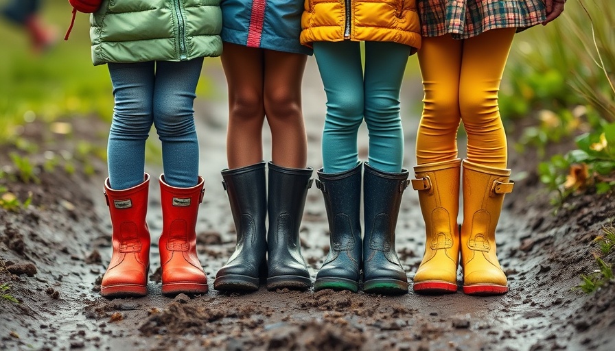 Children in colorful boots on muddy path during walking holiday.