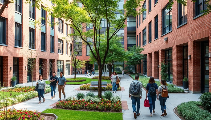 Fallowfield campus redevelopment featuring modern buildings and lush gardens.