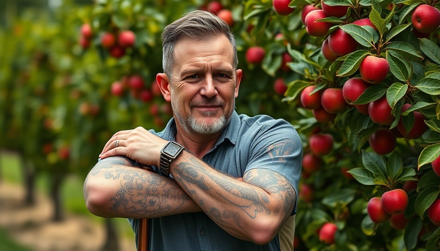 Tattooed man in apple orchard, reflecting celebrity gardening trend.