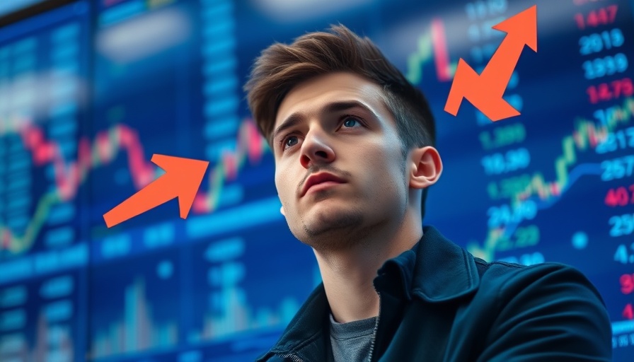 Young man pondering economic trends with stock market graphs in the background.