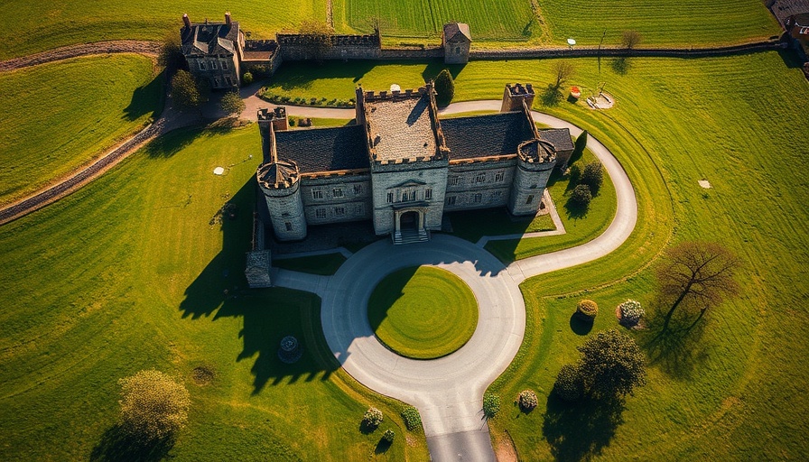 Aerial view of historic Tawstock Castle surrounded by green fields.