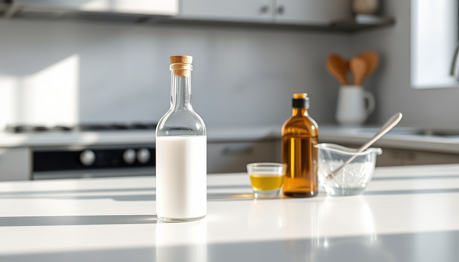 Bottles of vinegar and oil on kitchen counter to use vinegar to keep spiders away.