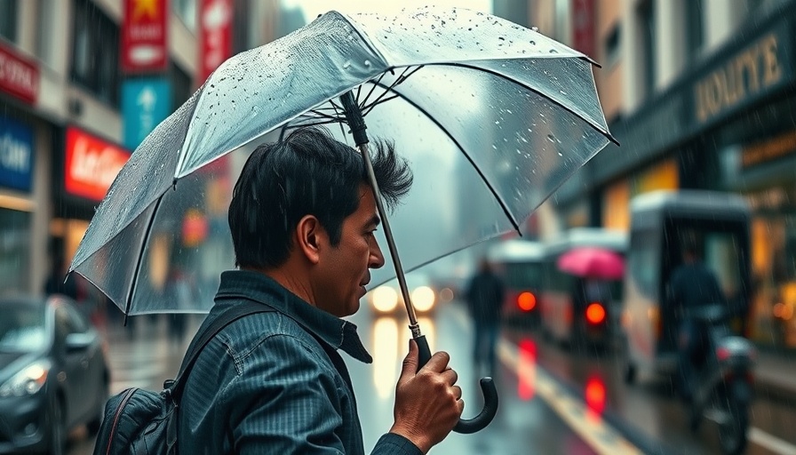 Storm Amy impacts London as person battles with umbrella.