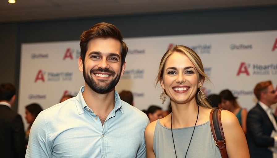 Couple at event with logos, focusing on expressions.