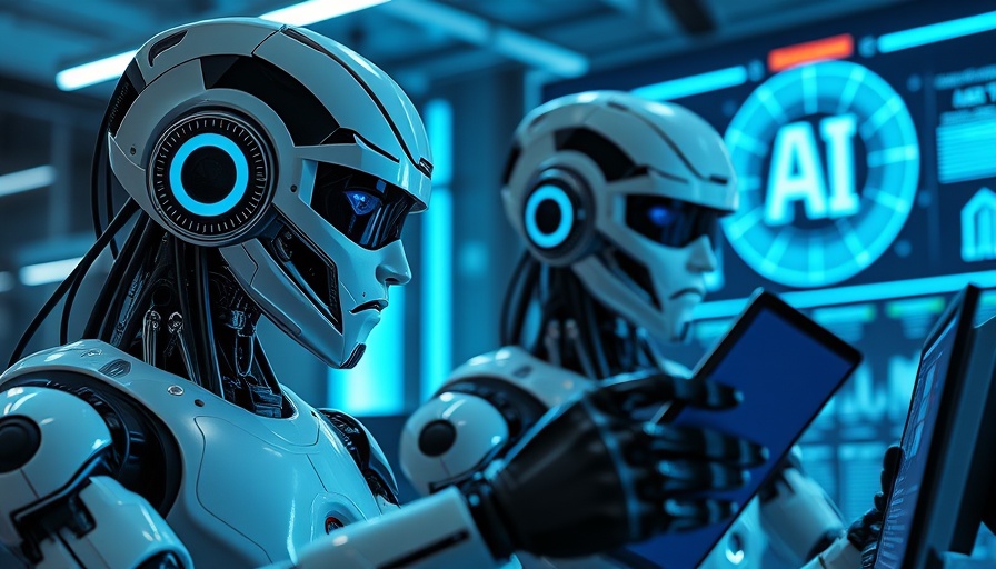 AI in performance reviews: robots analyzing data in modern office.