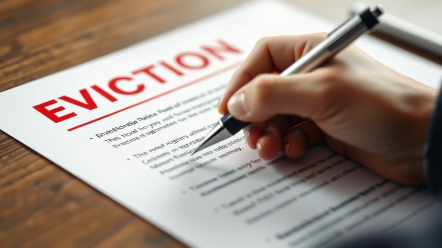 Close-up of hand signing eviction notice; highlighting tenants' rights and landlord obligations.