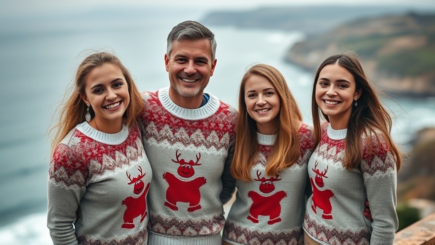 Joyful family in matching Christmas jumpers, showcasing Boden Christmas deals.