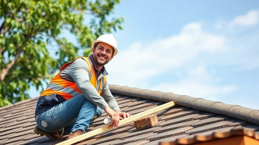 Happy builder working on a roof, showcasing craftsmanship and positivity.