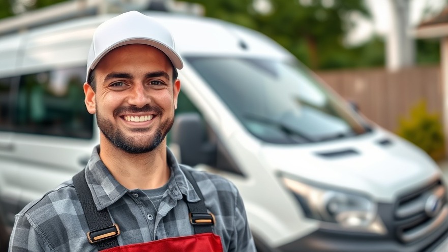 Smiling plumber with a white van, ready for your plumbing needs.