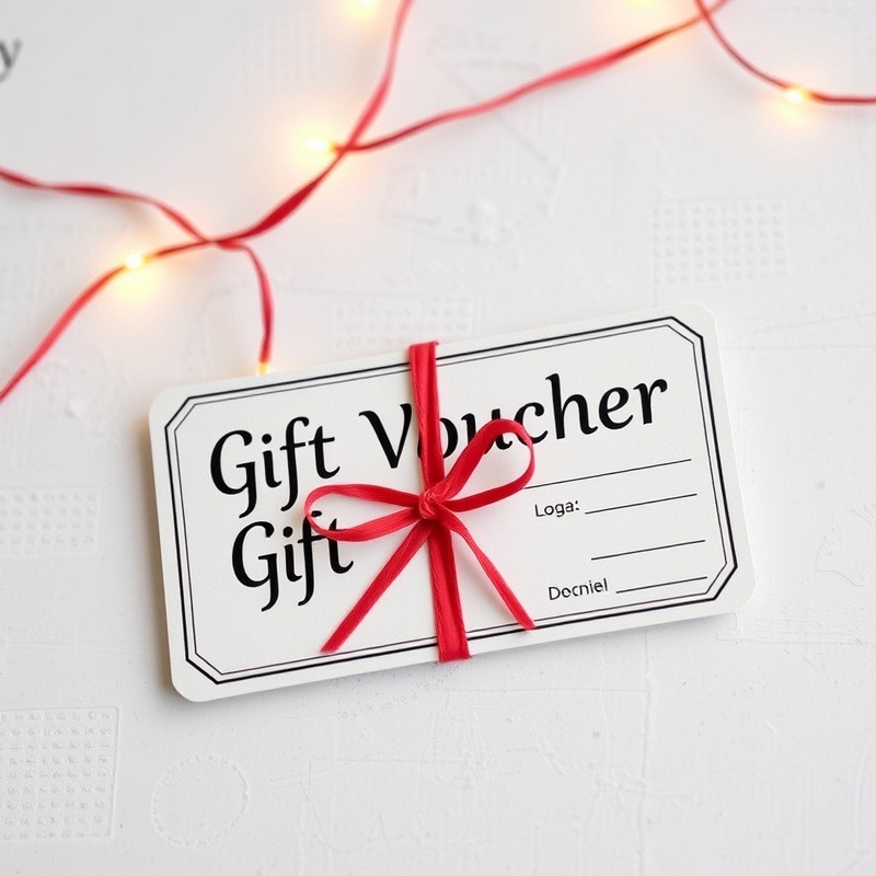 Gift voucher design with elegant typography and festive colors.