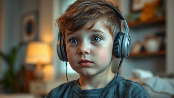 Young boy wearing headphones indoors, exploring sounds.