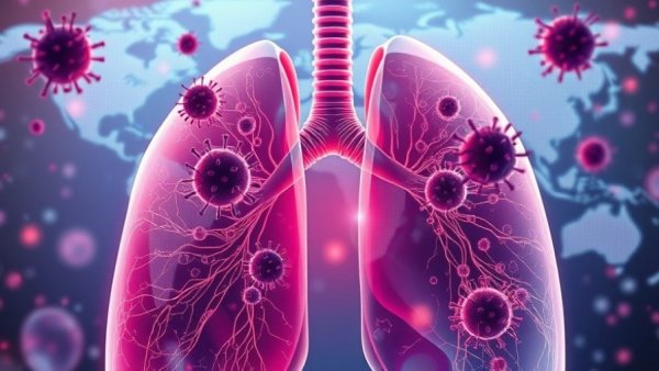 Digital illustration of lungs and tuberculosis viruses, tackling tuberculosis with technology theme.