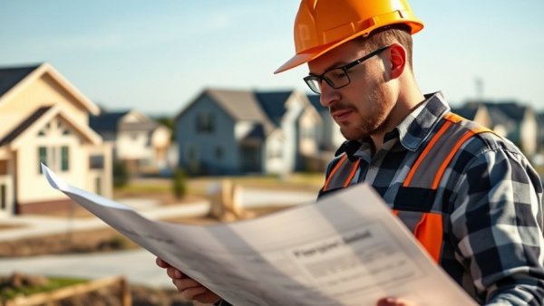 Construction worker reviews blueprints at a housing site, highlighting air purification demand benefits for contractors.