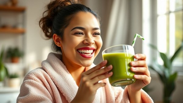 Happy woman sipping green smoothie, showcasing flavor and texture trends.