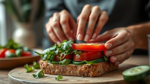 Preparing a fresh vegetable sandwich, highlighting food synergy for educators.