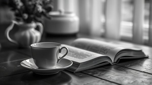 Black and white cozy setting with tea cup and book, embracing resilience.