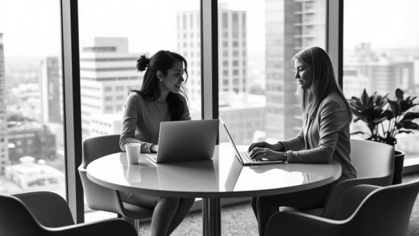 Effective feedback in the workplace: Two women in a modern office setting.