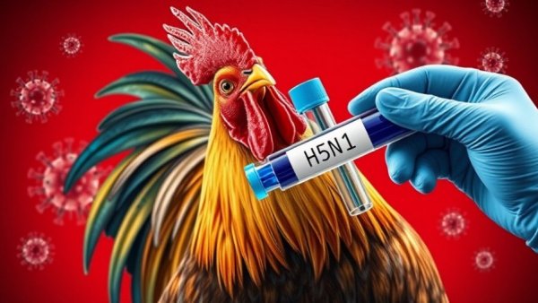 Illustration of H5N1 concept with a rooster and virus imagery.