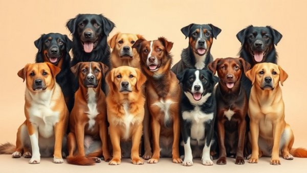 Diverse group of dogs in a studio setting.