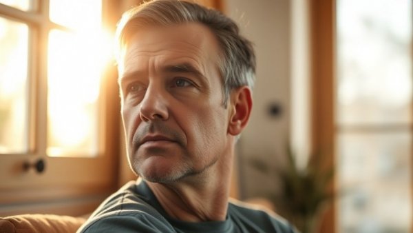 Middle-aged man peacefully gazing out a window with soft lighting.