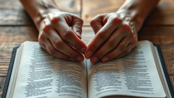 Hands praying over a Bible on a wooden table, conveying Meaning of The Lord's Prayer.