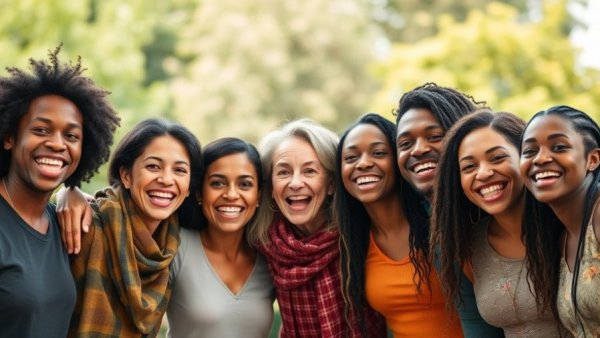 Joyful group smiling in unity with inspiring quote, following Jesus daily.