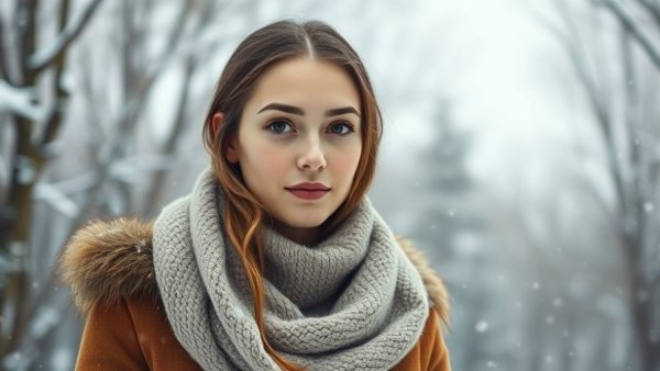 Calm young woman cultivating inner peace amidst gentle snowfall.