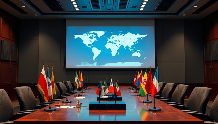 International conference room setup discussing geopolitical tension