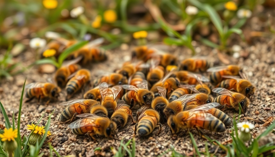 Mass honey bee deaths depicted with lifeless bees on ground.
