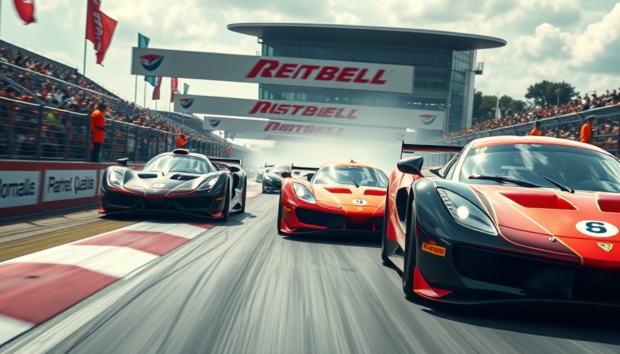 Indianapolis 500 race cars speeding on track with cheering crowds.