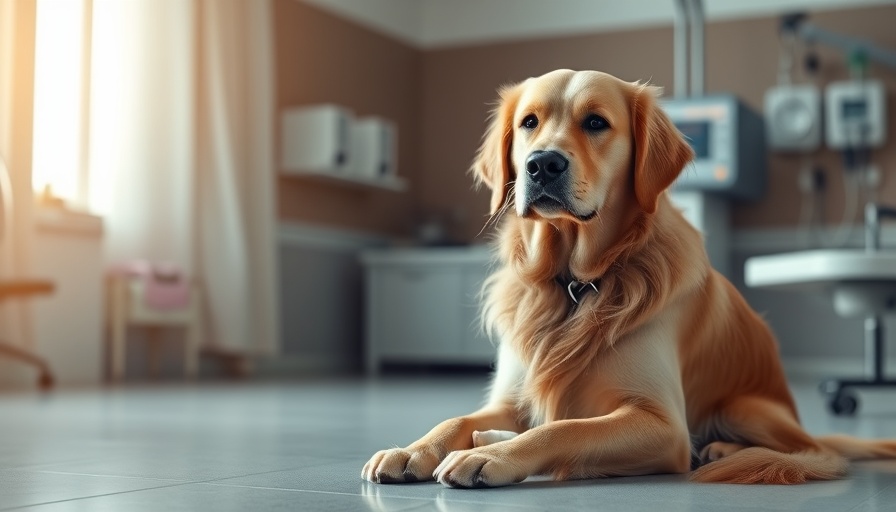 Golden retriever in clinic during blood donation; dog blood donation saves lives.