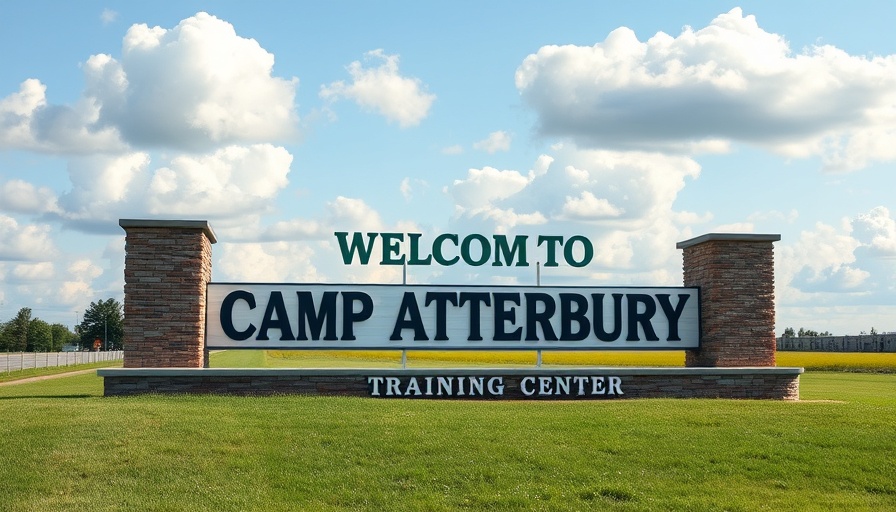 Camp Atterbury sign, potential ICE detainee site, cloudy sky