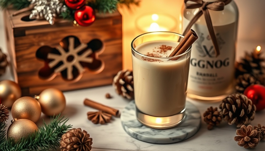 Homemade eggnog in a festive Christmas setting with cinnamon.