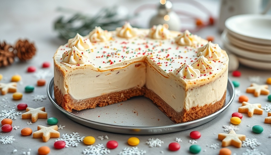 Sugar cookie Greek yogurt cheesecake with festive decorations.