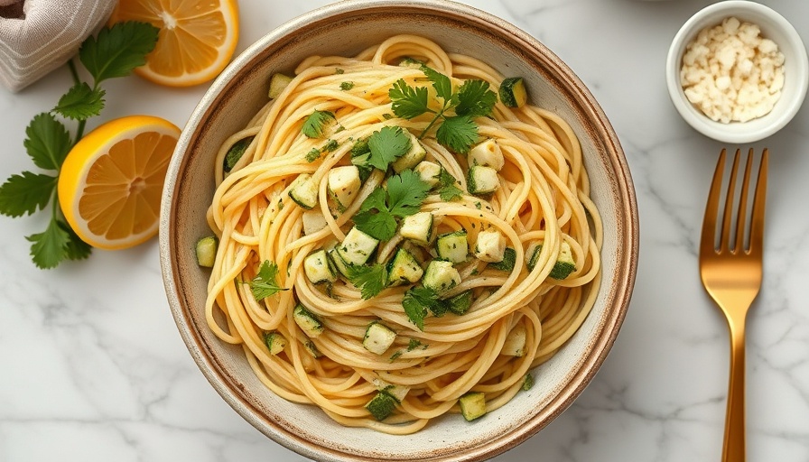 Zucchini pasta sauce over linguine in a ceramic bowl with garnishes.