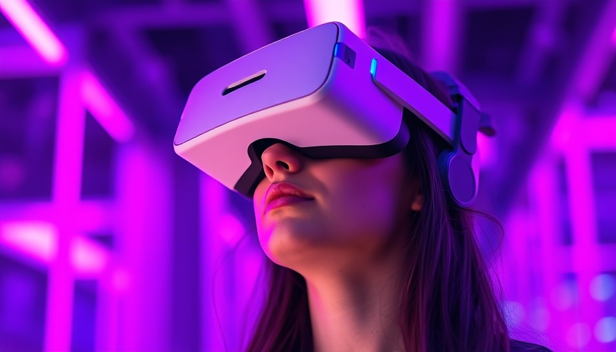 Woman exploring virtual reality for mental health, vibrant purple neon.