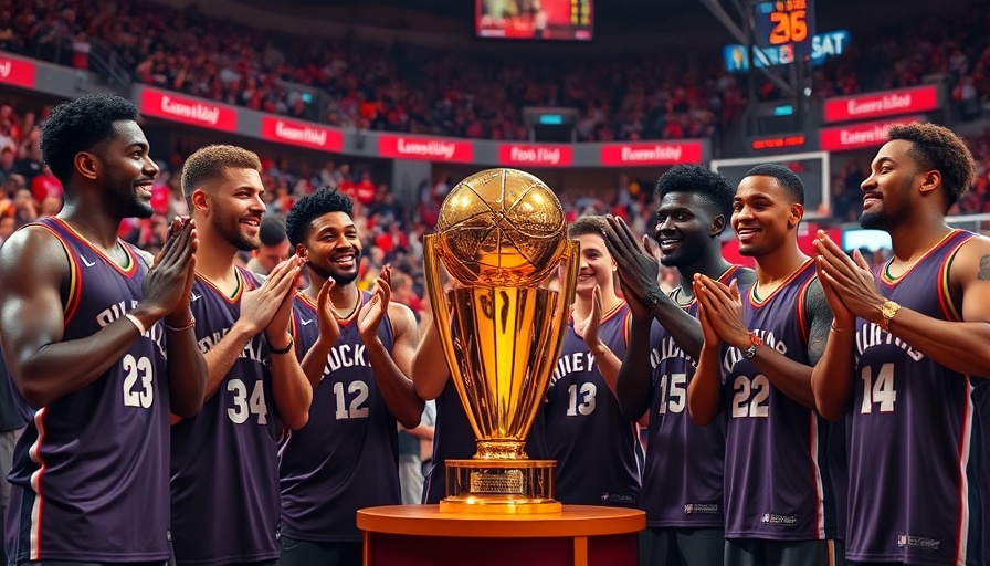 NBA team players clap around the trophy at the 2025 NBA Cup tournament.