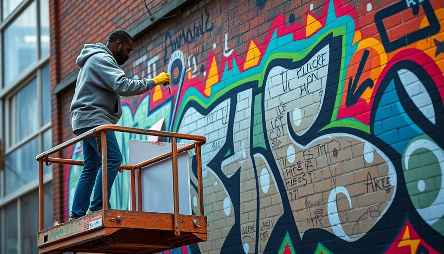 Artist painting a mural on a wall, Gary musical history murals.