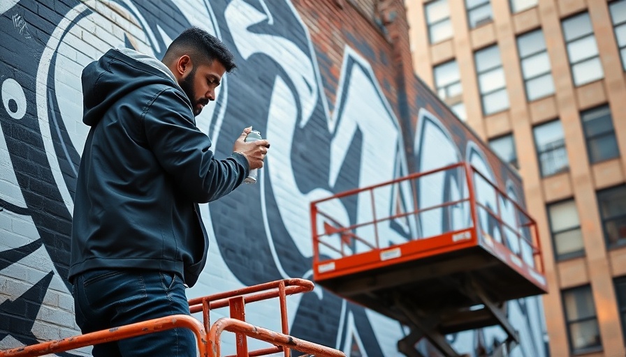 Artist enhancing Gary musical history murals with a black and white design.